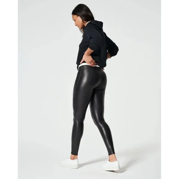 SPANX shape Faux Leather Legging Women 1X Black Power Waistband Core Compression - Picture 2 of 7
